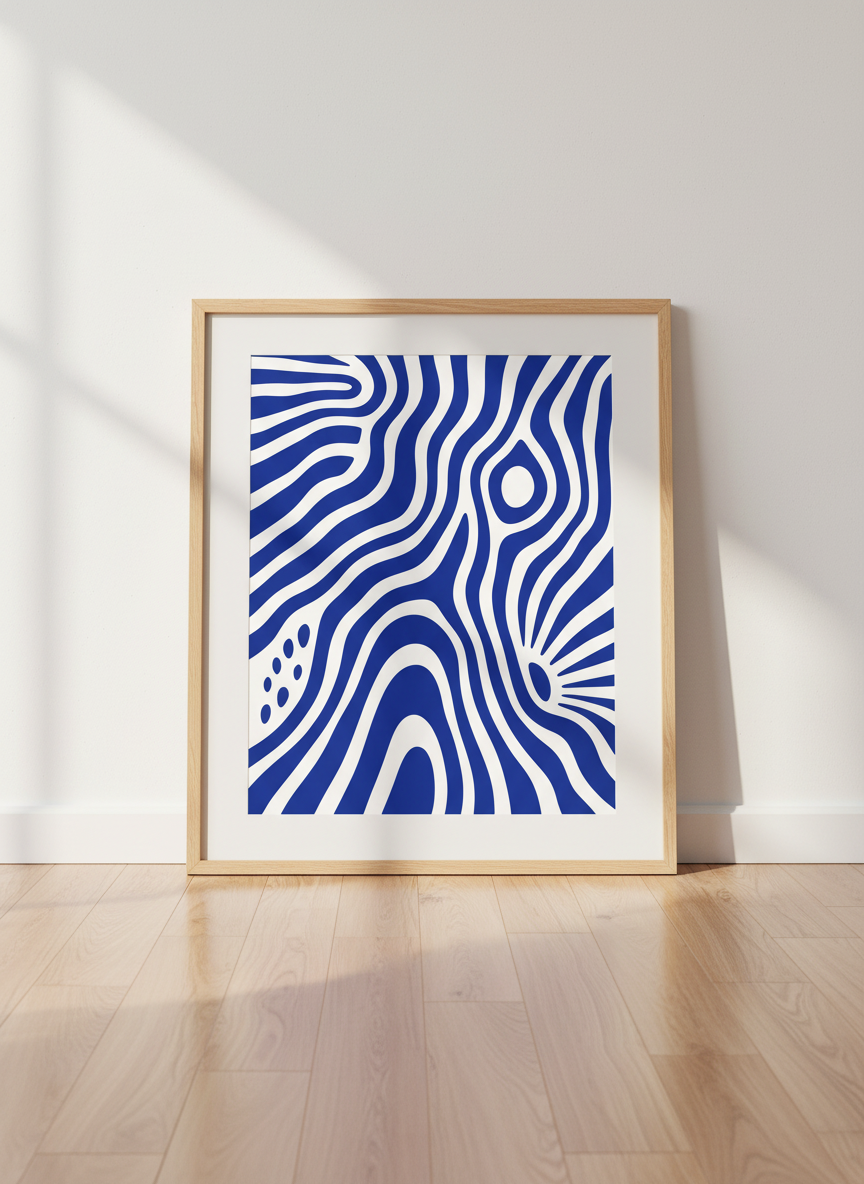 Abstract Topographic Lines Wall Art | Wavy Blue &amp; White Pattern Poster