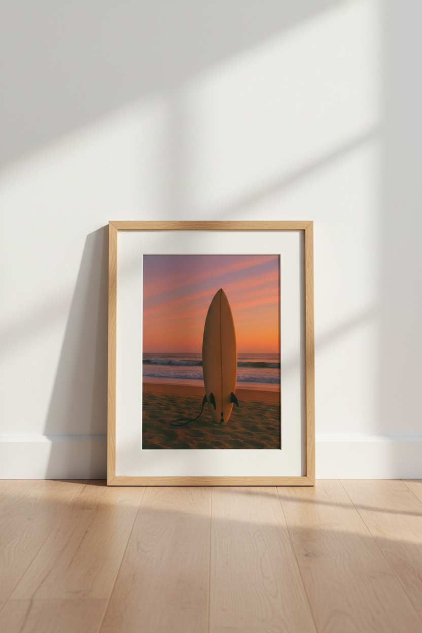 Coastal Surfboard Sunset Framed Art Print | Beach House Aesthetic Wall Decor | Ocean Wave Coastal Poster
