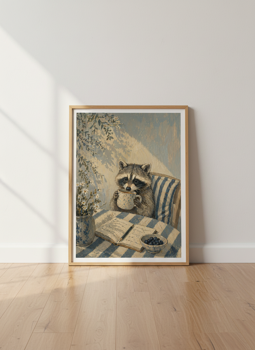 Charming Raccoon Art Print | Cozy Animal Decor | French Country Oil Painting Poster