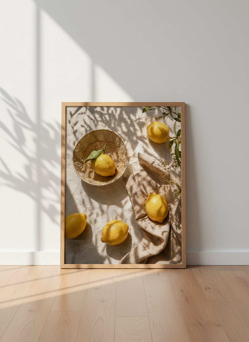 Rustic Lemon Bowl Wall Art Print | Kitchen Decor | Mediterranean Aesthetic Poster | Botanical Still Life Framed Print