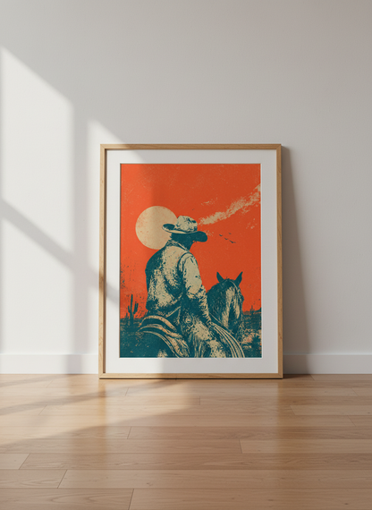 Cowboy on Horseback Wall Art Print | Western Desert Decor | Retro Sunset Poster