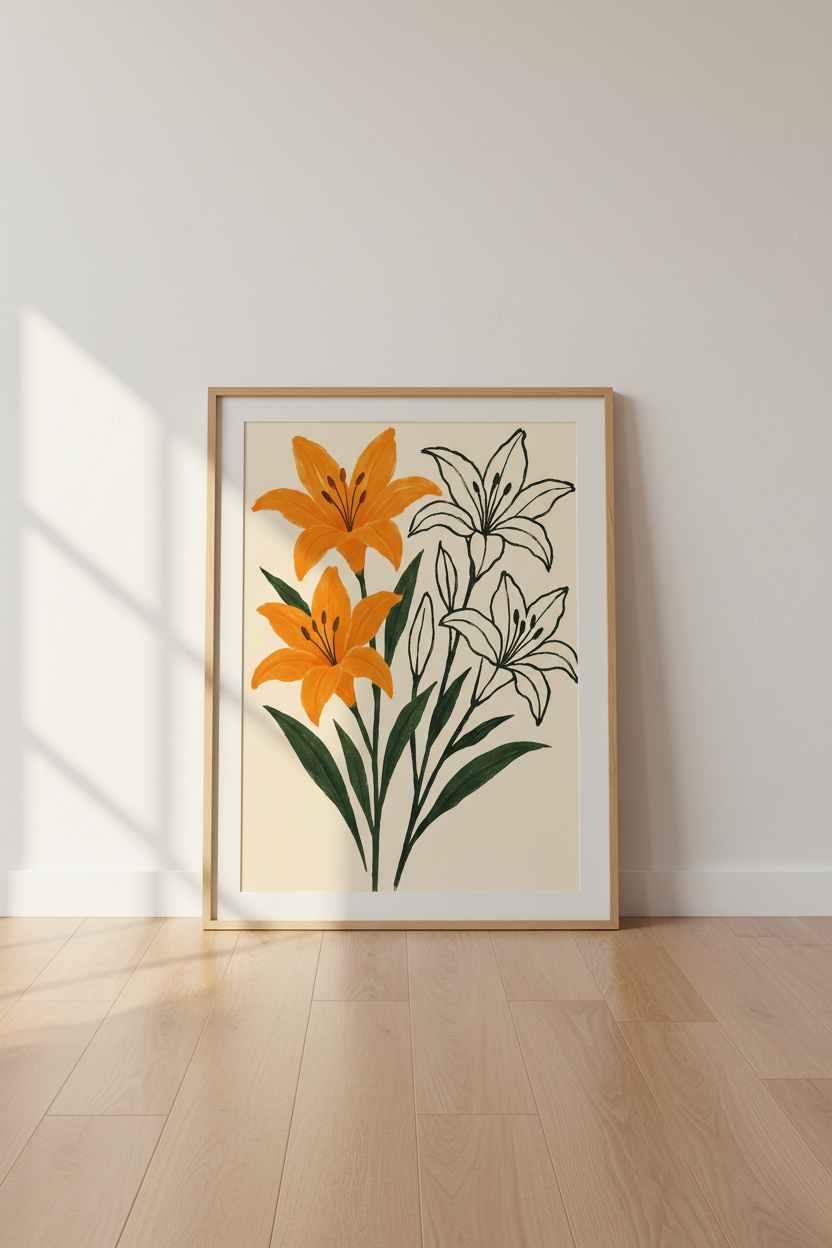 Abstract Floral Framed Wall Art | Orange Lily Accent Decor | Modern Botanical Poster Print | Ready to Hang Art