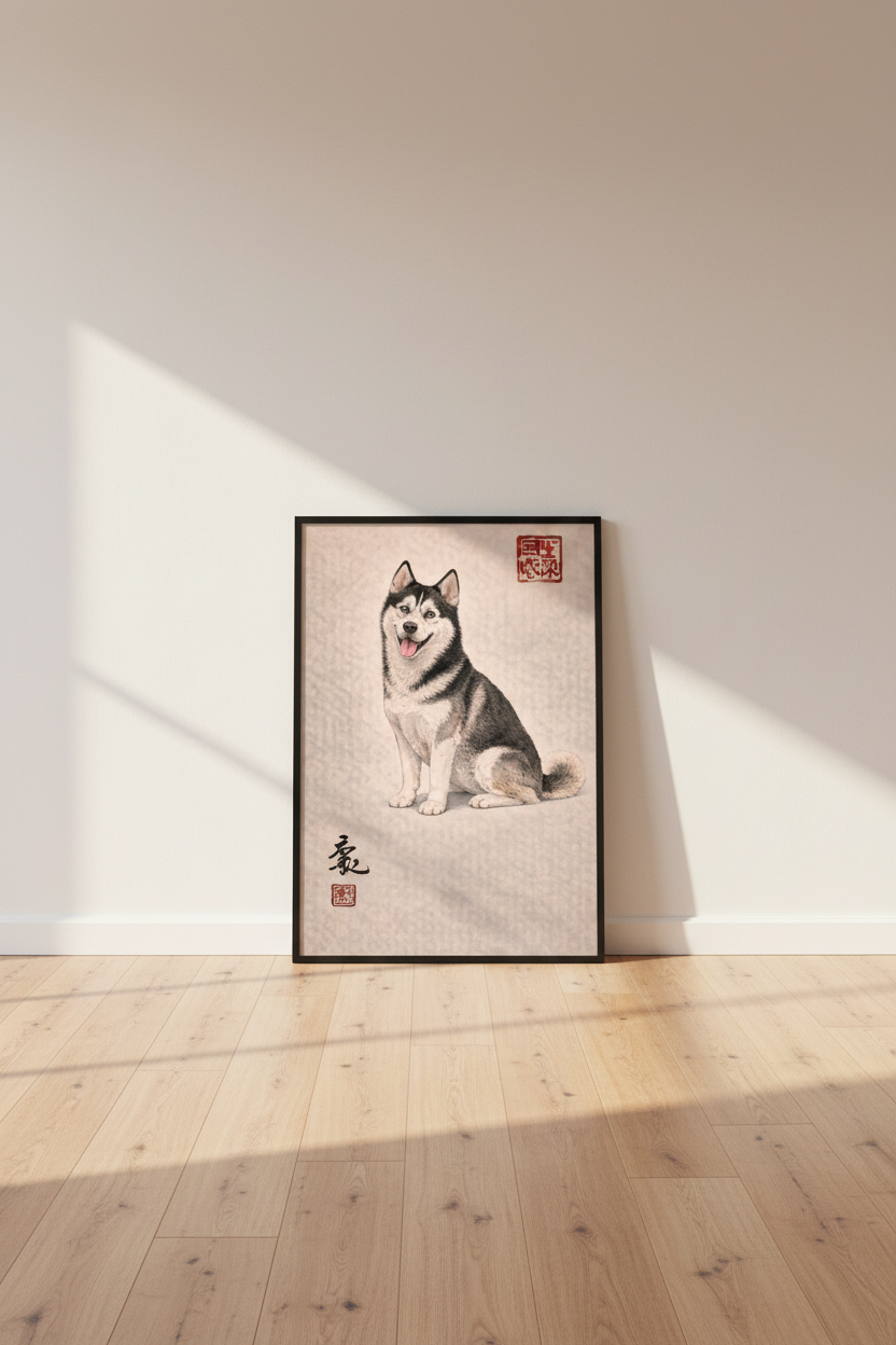 Siberian Husky Wall Art Print, Japanese Ukiyo-e Style Dog Poster, Hand-Drawn Pet Portrait, Dog Lover Home Decor, Animal Art Print