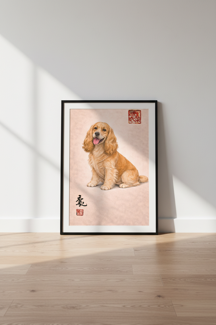 Cocker Spaniel Wall Art Print | Happy Dog Home Decor | Asian Art Style Pet Portrait | Puppy Lover Gift | Wall Hanging
