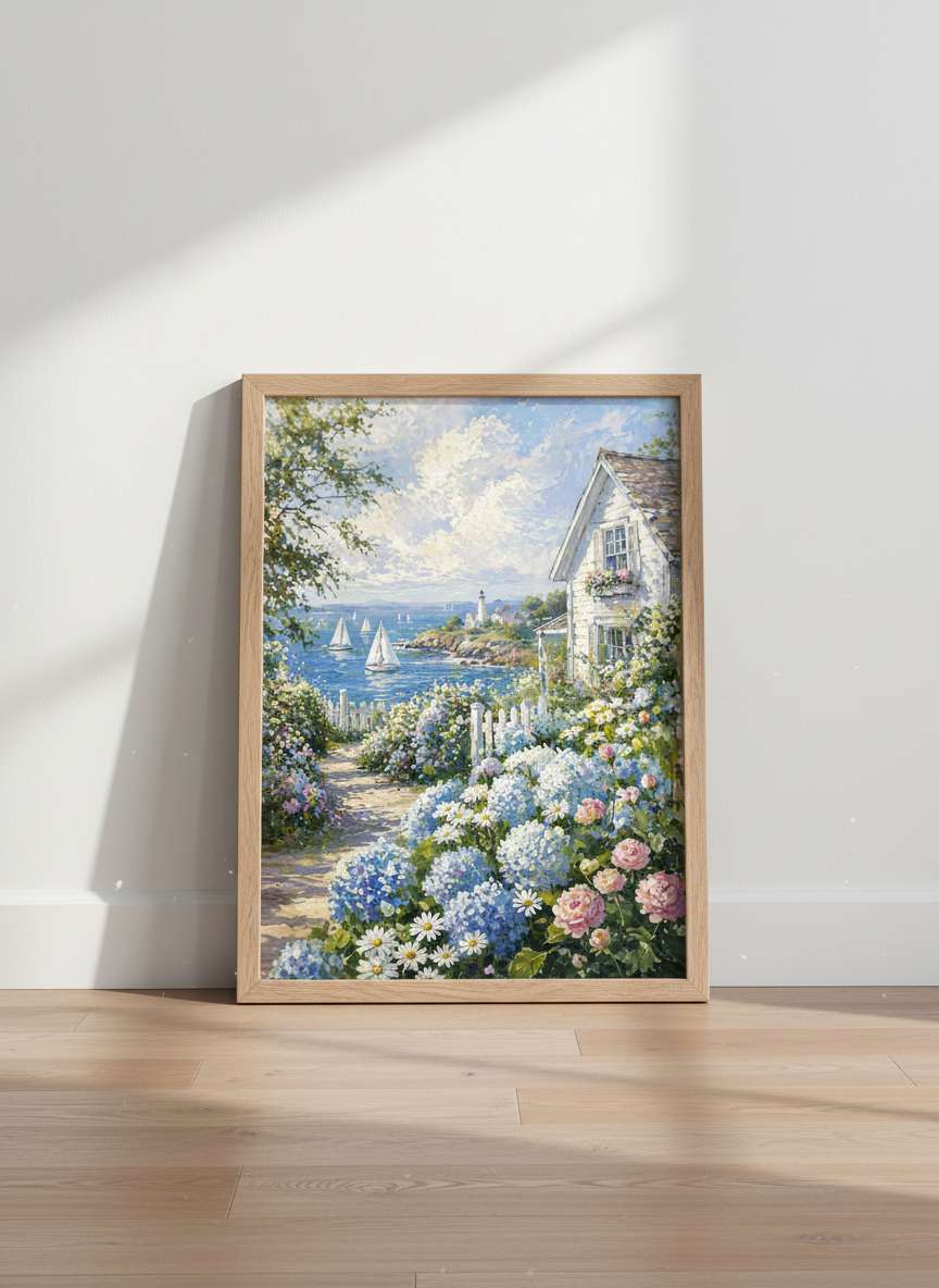 Coastal Lighthouse Painting | Nautical Seascape Wall Art, Cottage Core Decor Print