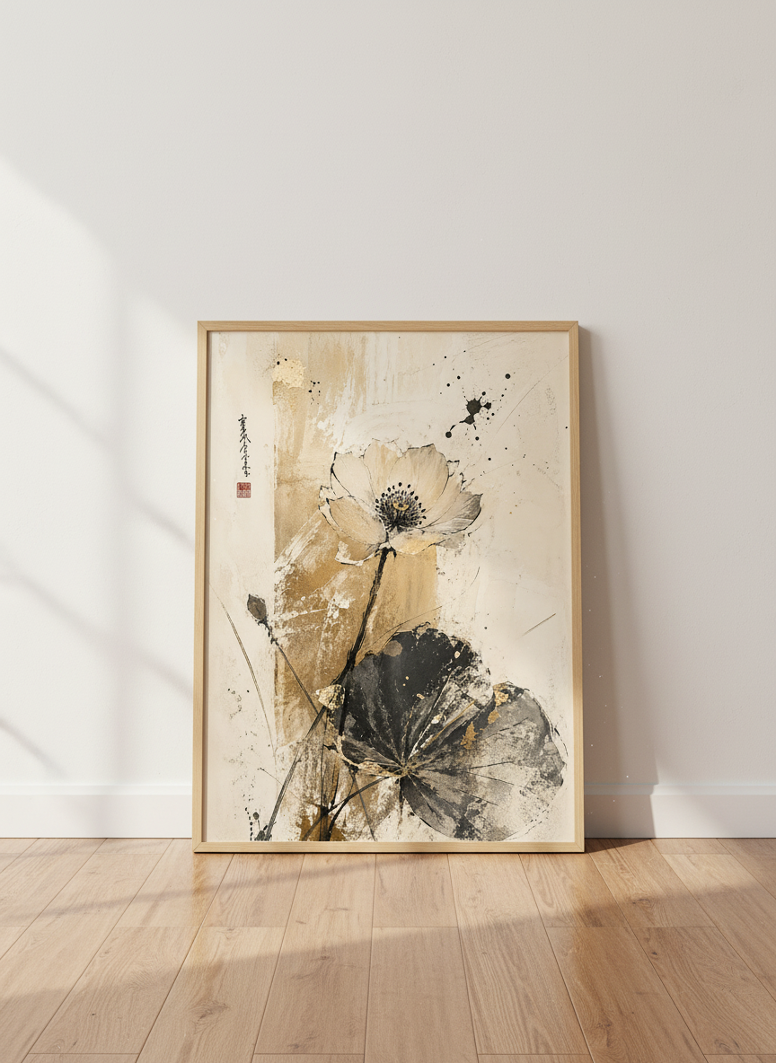 Abstract Floral Wall Art | Zen Decor, Neutral Gold Flower Print, Japandi Aesthetic