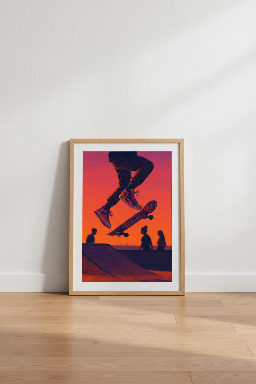Retro Skater Wall Art Print | Teen Room Decor | Aesthetic Framed Poster | Sunset Skateboard Art | Ready to Hang Wall Art