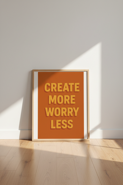 Retro Inspirational Wall Art Print | Motivational Office Decor | "Create More Worry Less" Framed Poster Art