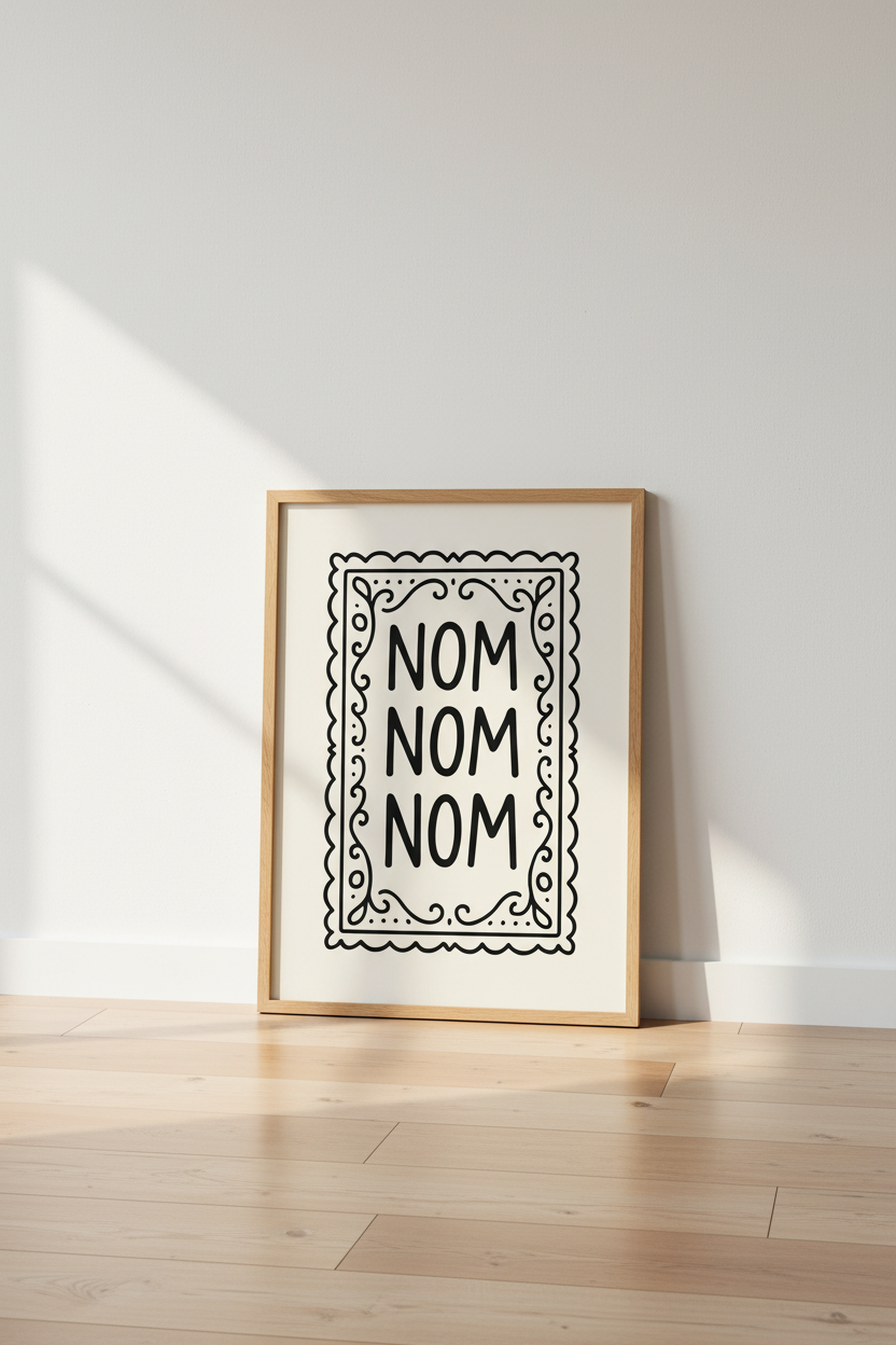 Minimalist Kitchen Quote Wall Art Print | Dining Room Decor | Fun Foodie Poster | "Nom Nom Nom" Farmhouse | Restaurant Art