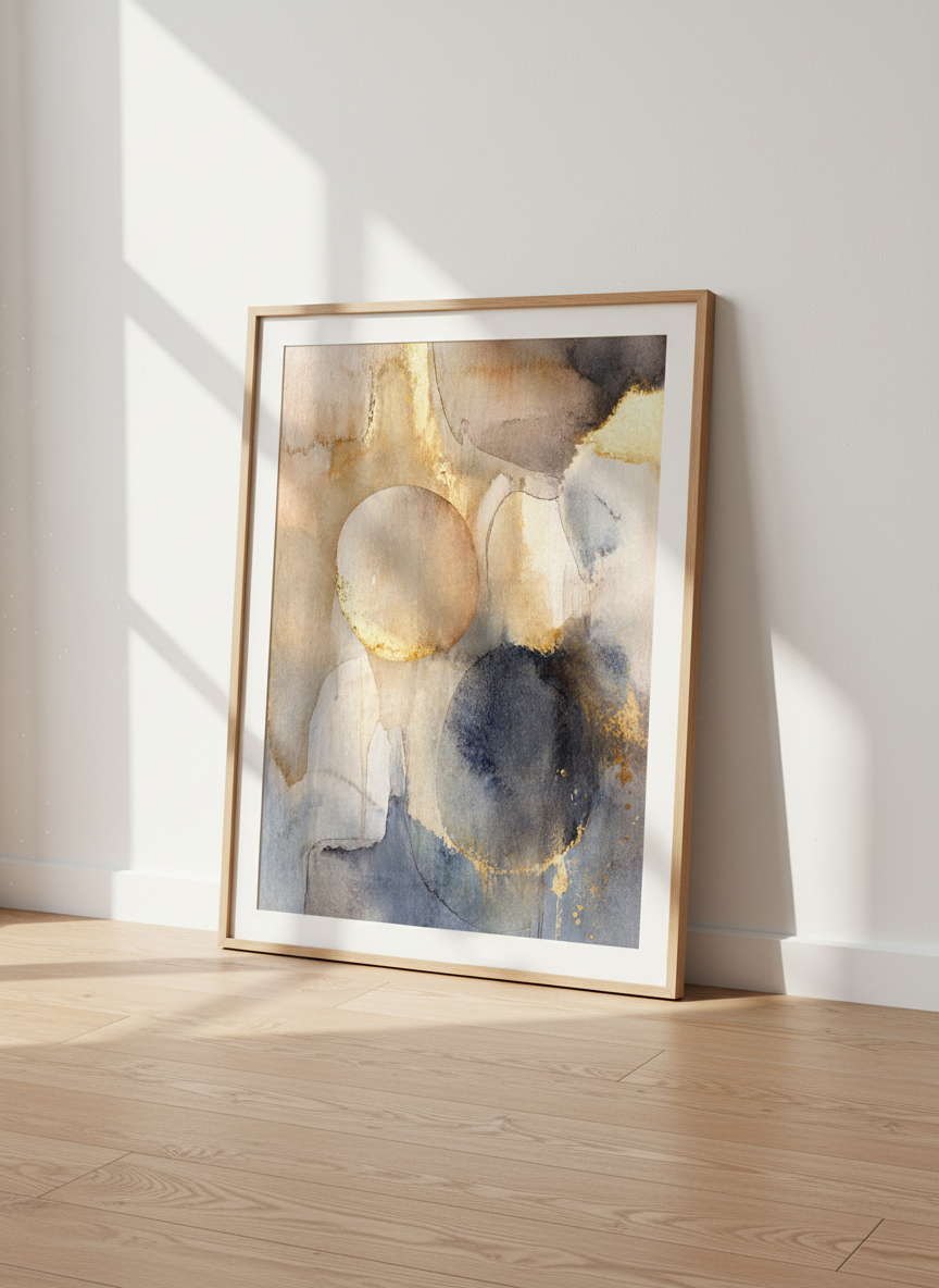 Abstract Gold Blue Watercolor Print | Modern Wall Art Decor | Neutral Home Poster