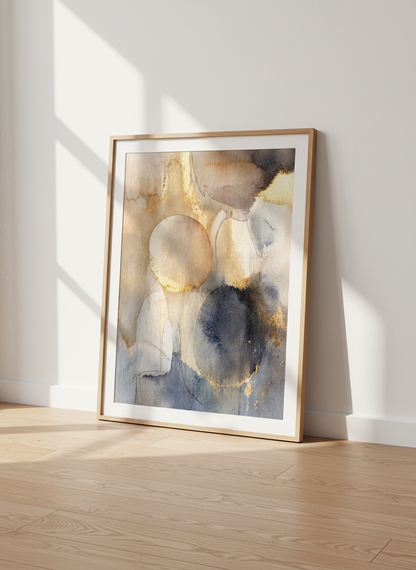 Abstract Gold Blue Watercolor Print | Modern Wall Art Decor | Neutral Home Poster