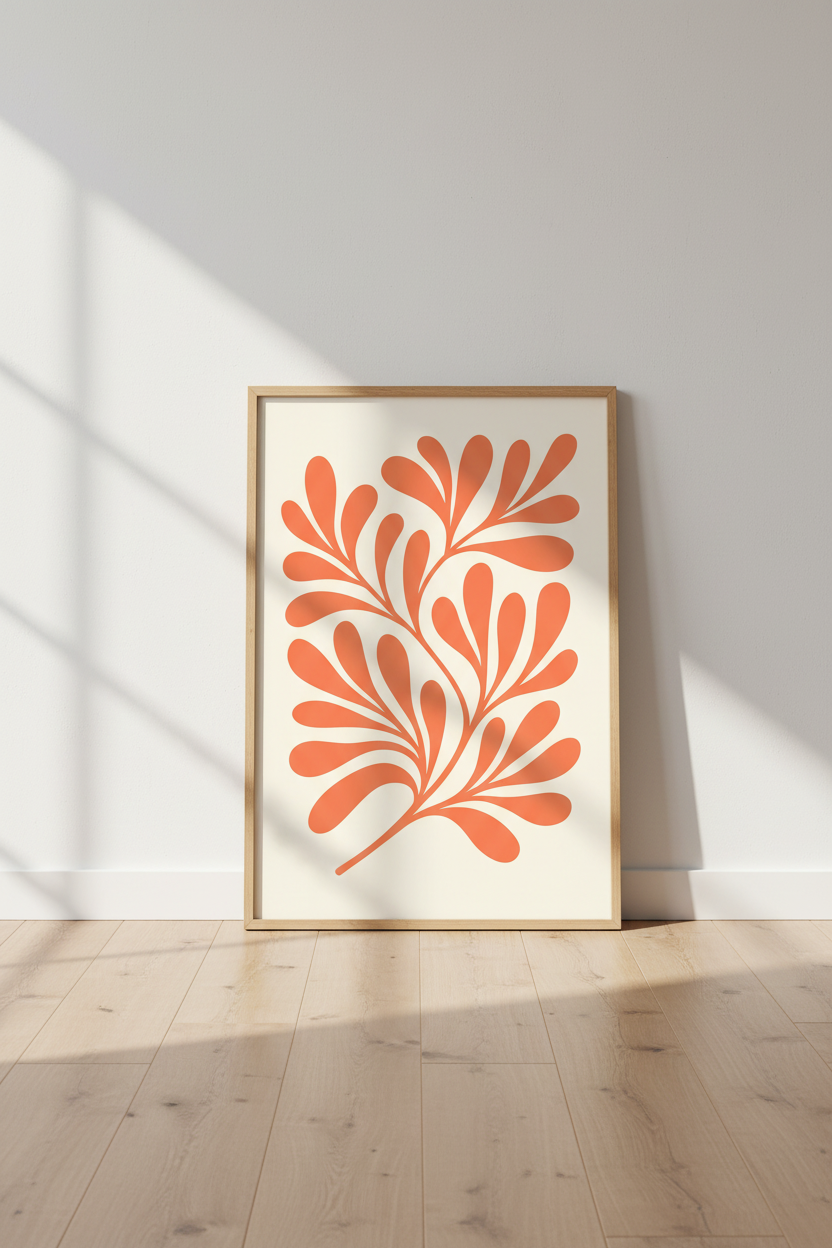 Abstract Coral Botanical Framed Art Print | Boho Living Room Decor | Mid-Century Modern Wall Art | Ready to Hang Poster