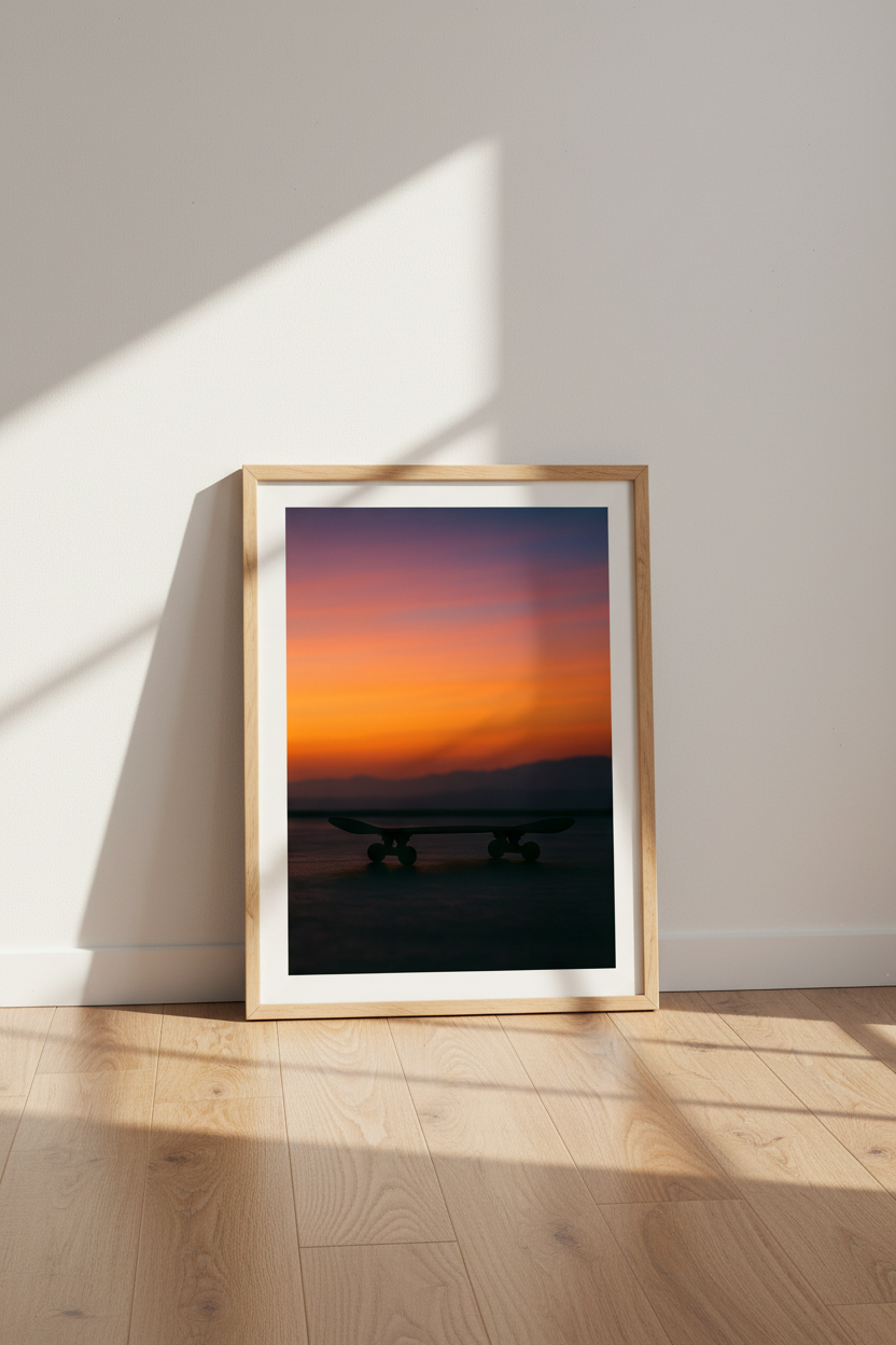 Skateboard Sunset Wall Art Print - Vibrant Orange Purple Sky Home Decor, Skater Room Poster, Aesthetic Wall Hanging