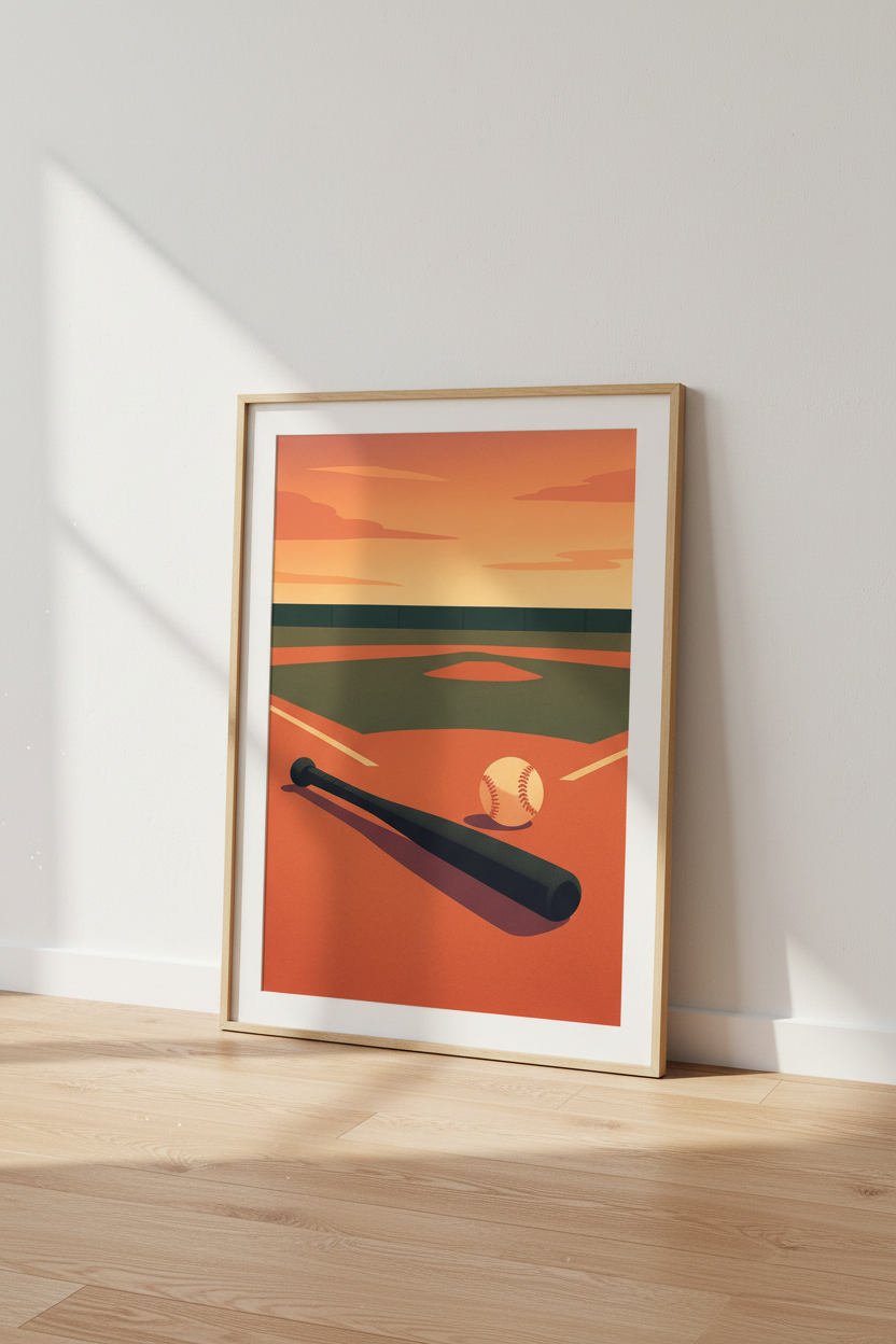 Minimalist Baseball Field Wall Art Print | Game Room Decor | Sports Lover Framed Poster | Sunset Aesthetic Art