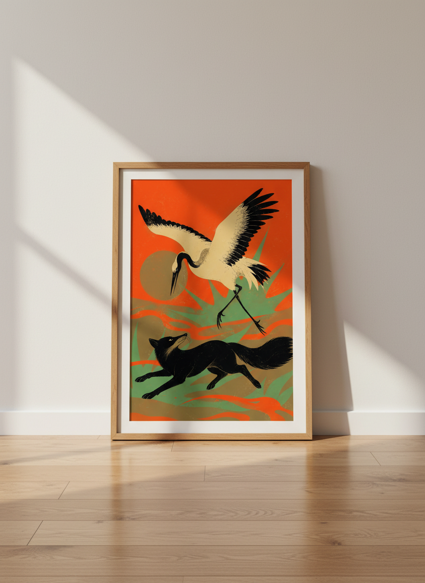 Ukiyo-e Style Crane Fox Wall Art Print | Japanese Aesthetic Framed Poster | Folk Art Living Room Decor