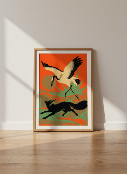 Ukiyo-e Style Crane Fox Wall Art Print | Japanese Aesthetic Framed Poster | Folk Art Living Room Decor