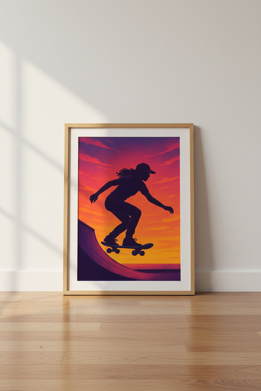 Retro Skater Wall Art Print | Vibrant Sunset Skateboard Decor | Framed Aesthetic Poster for Teen Room &amp; Game Room