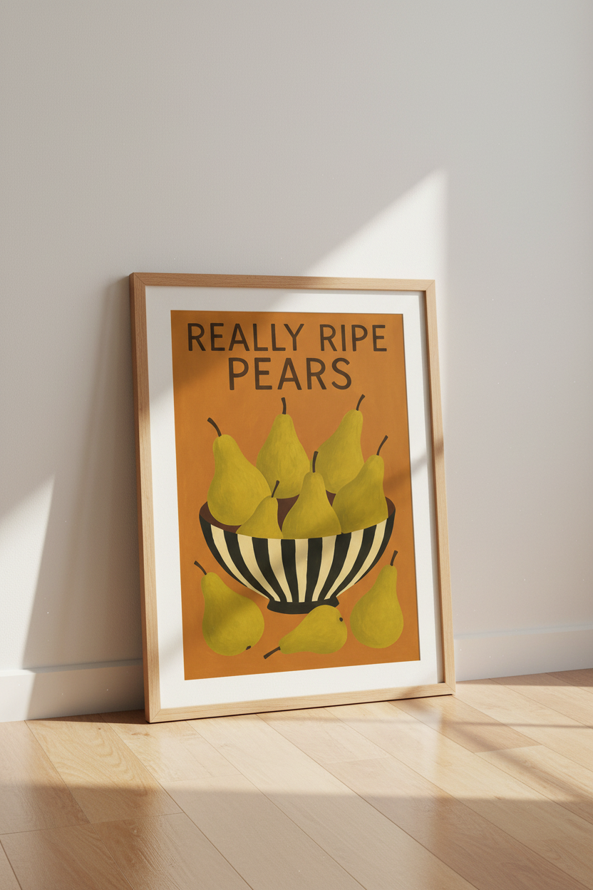 Retro Fruit Kitchen Wall Art Print | Mid Century Modern Dining Room Decor | Framed Pears Poster