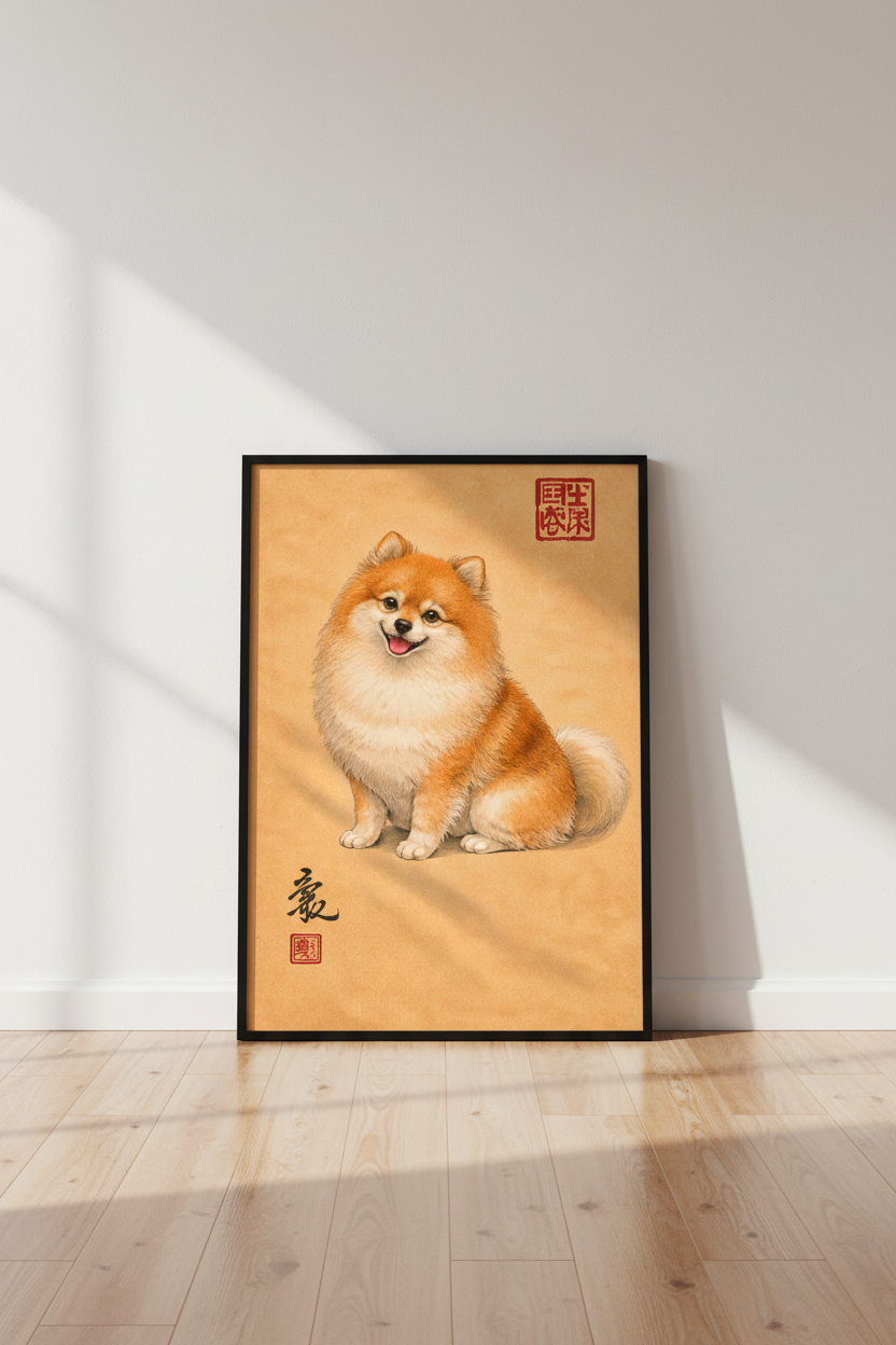 Chubby Pomeranian Wall Art | Adorable Fox Dog Print | Japanese Ink Wash Art Style Home Decor | Cute Fluffy Dog Poster