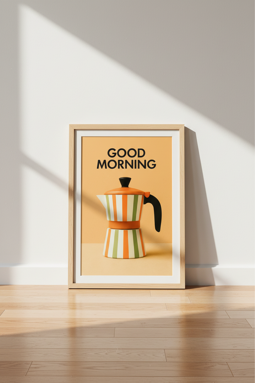 Retro Moka Pot "Good Morning" Wall Art Print | Kitchen Decor | Mid Century Modern Poster | Coffee Lover Gift