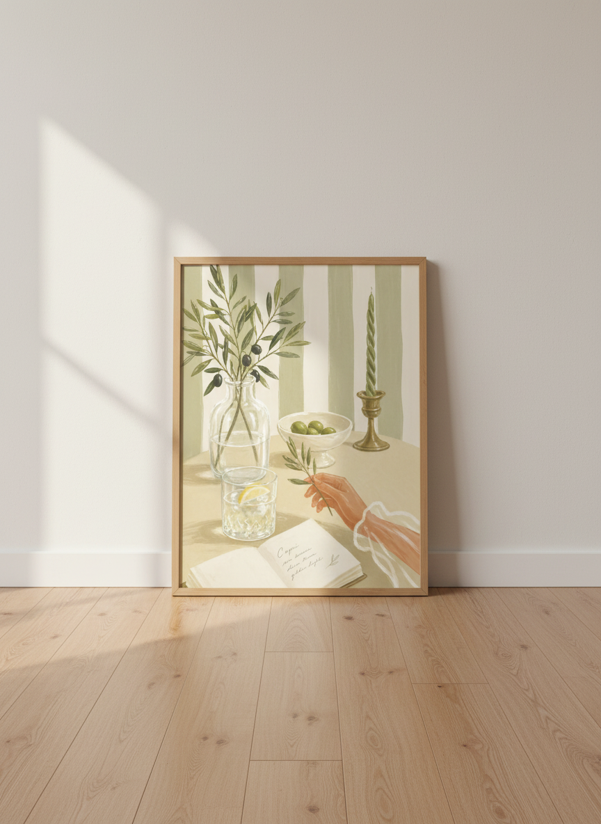 Mediterranean Still Life Wall Art Print | Boho Kitchen Decor | Sage Green Aesthetic Poster | Olive Branch Art | Framed, Unframed &amp; Digital