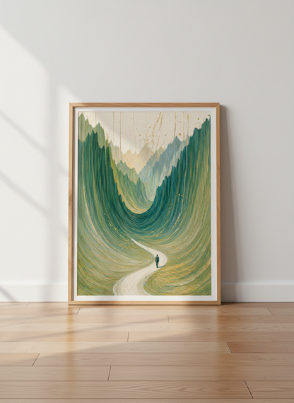 Abstract Mountain Path Wall Art | Serene Green Landscape Decor | Man Journey Poster