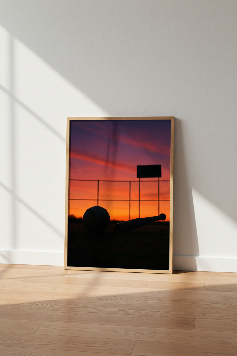 Dramatic Sunset Baseball Field Wall Art Print | Game Room Decor | Sports Aesthetic Framed Poster