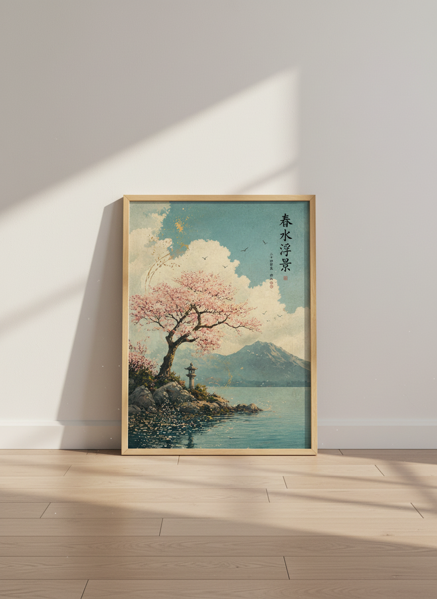 Japanese Cherry Blossom Lake Wall Art, Asian Landscape Print, Zen Decor, Pink Floral Art