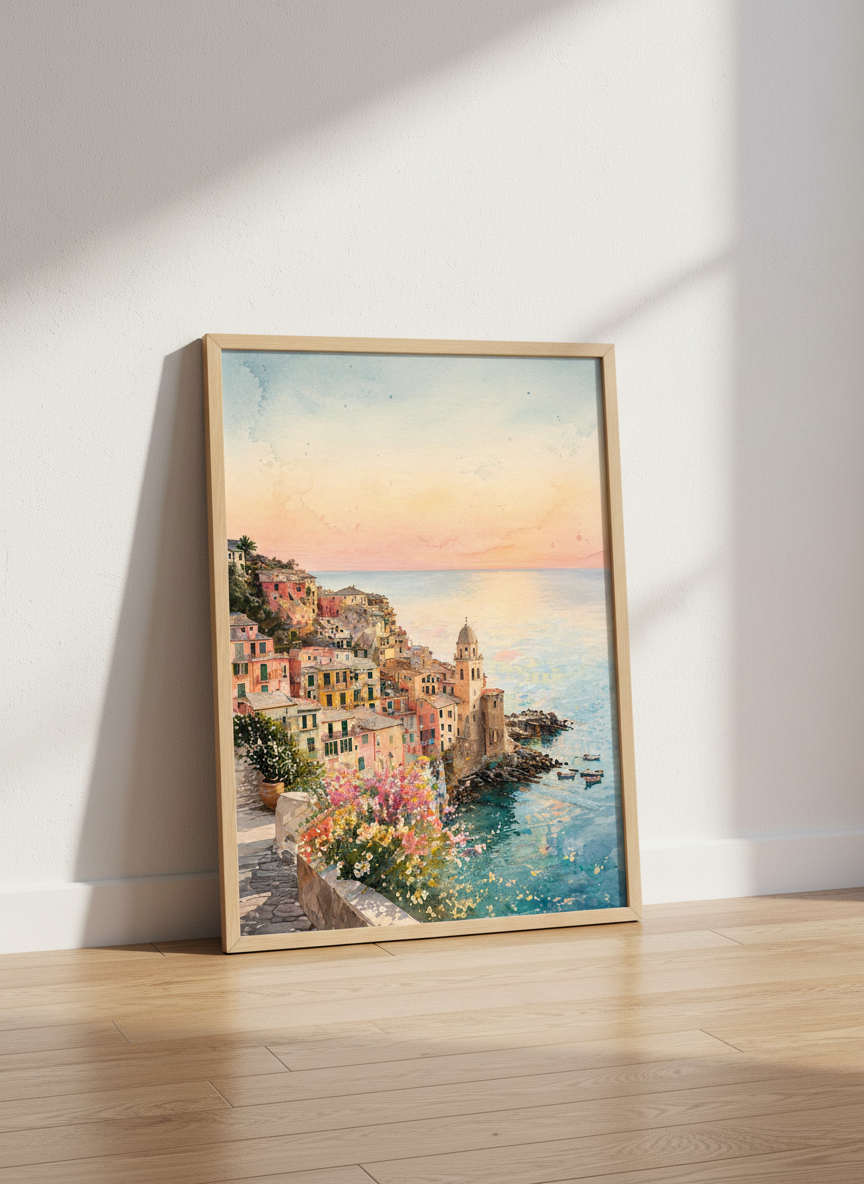 Cinque Terre Italy Art Print | Watercolor Coastal Landscape, Mediterranean Home Decor