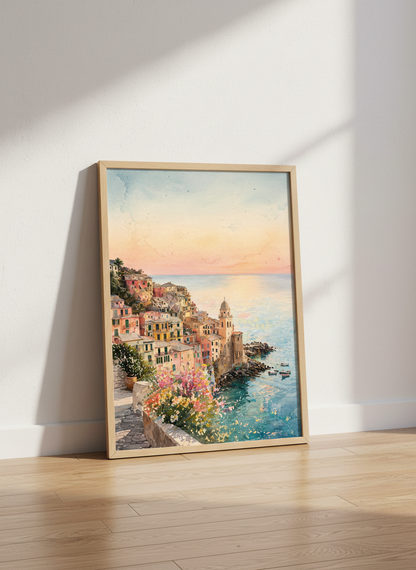 Cinque Terre Italy Art Print | Watercolor Coastal Landscape, Mediterranean Home Decor