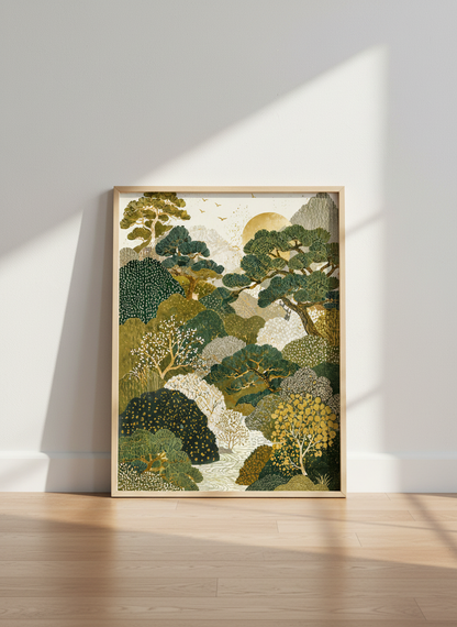 Zen Forest Landscape Wall Art | Japanese Nature Decor, Gold Green Art Print