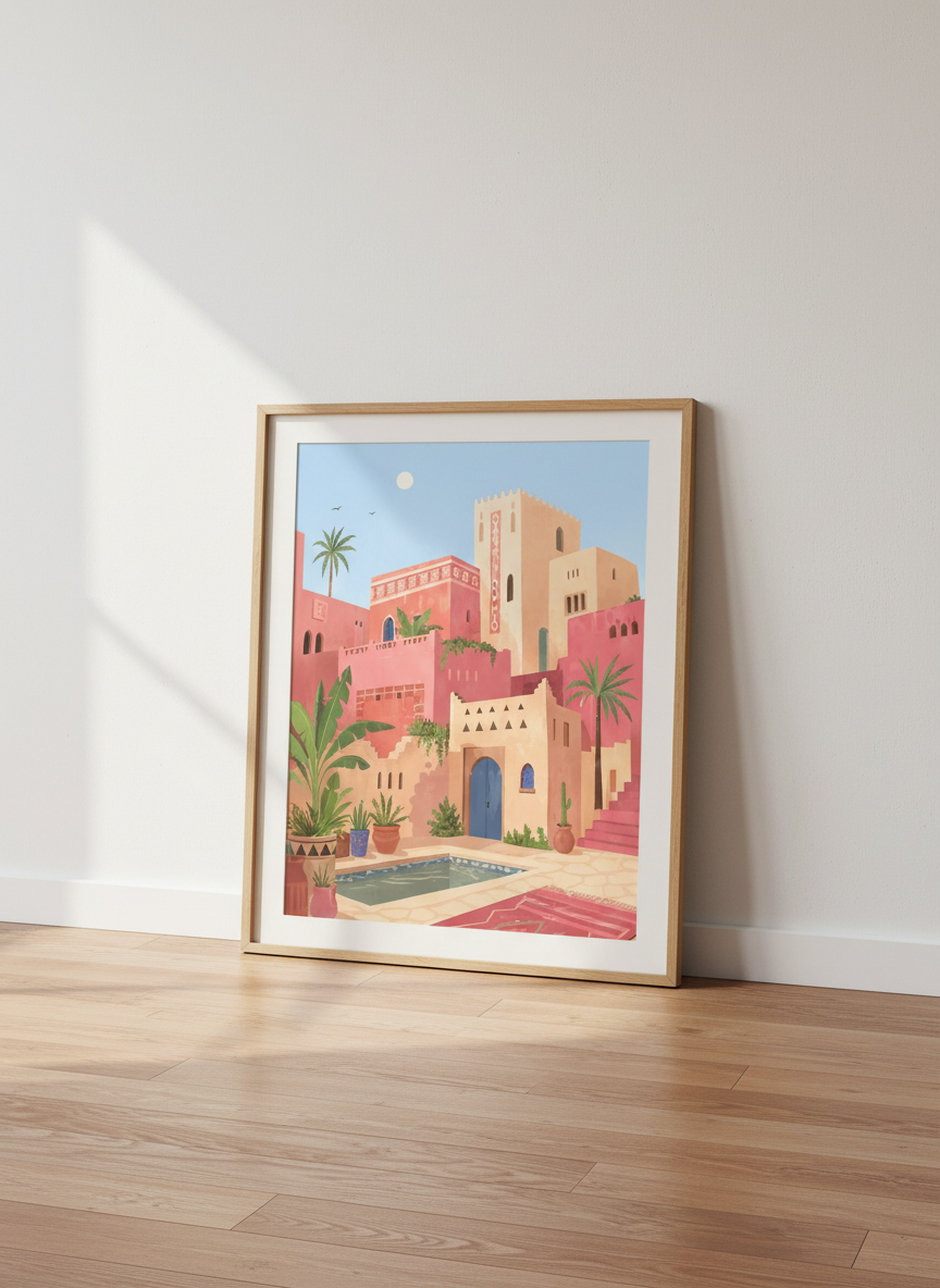 Bohemian Moroccan Courtyard Wall Art Print | Boho Bedroom Decor | Mediterranean Travel Poster | Pink Desert Landscape Aesthetic