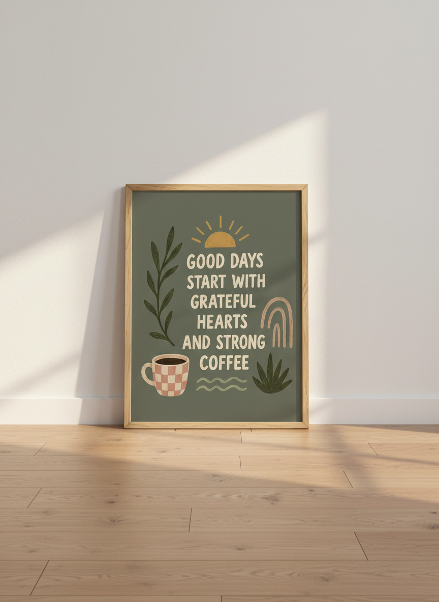 Good Days Gratitude Art | Coffee Lover Green Kitchen Decor | Boho Quote Poster