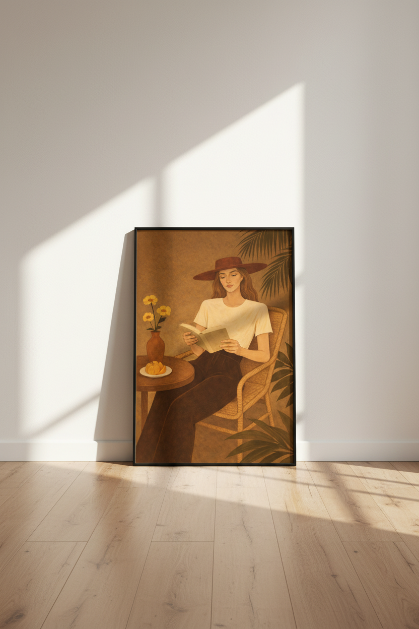 Woman Reading Art Print | Boho Chic Wall Art | Muted Tones Poster | Relaxing Moment Home Decor | Bedroom Living Room Art