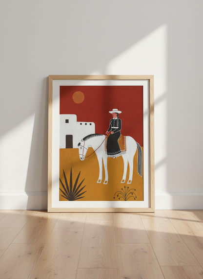 Folk Art Cowgirl Wall Art Print | Southwestern Bedroom Decor | Rustic Farmhouse Poster | Framed Western Horse Art