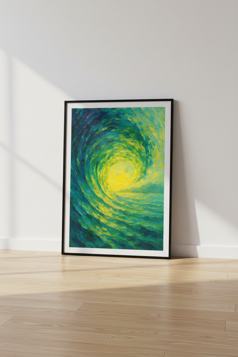 Abstract Wave Wall Art Print | Ocean Living Room Decor | Vibrant Teal Yellow Swirl Poster | Modern Coastal Aesthetic Original Art