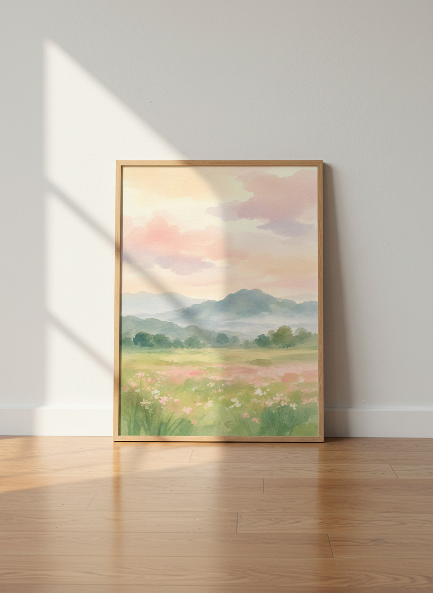 Watercolor Landscape Wall Art Print | Boho Bedroom Decor | Pastel Mountain Meadow Poster | Calming Nature Field Painting