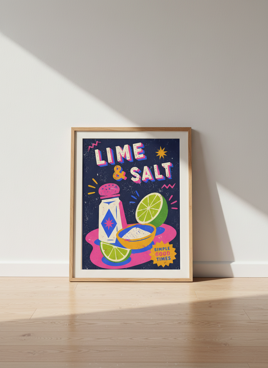 Mexican Bar Art Print: Lime &amp; Salt | Kitchen Decor | Vibrant Retro Poster