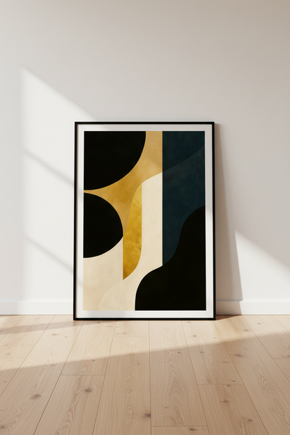 Abstract Art Deco Geometric Wall Art Print | Modern Living Room Decor | Mid-Century Aesthetic Poster | Black Gold Curves