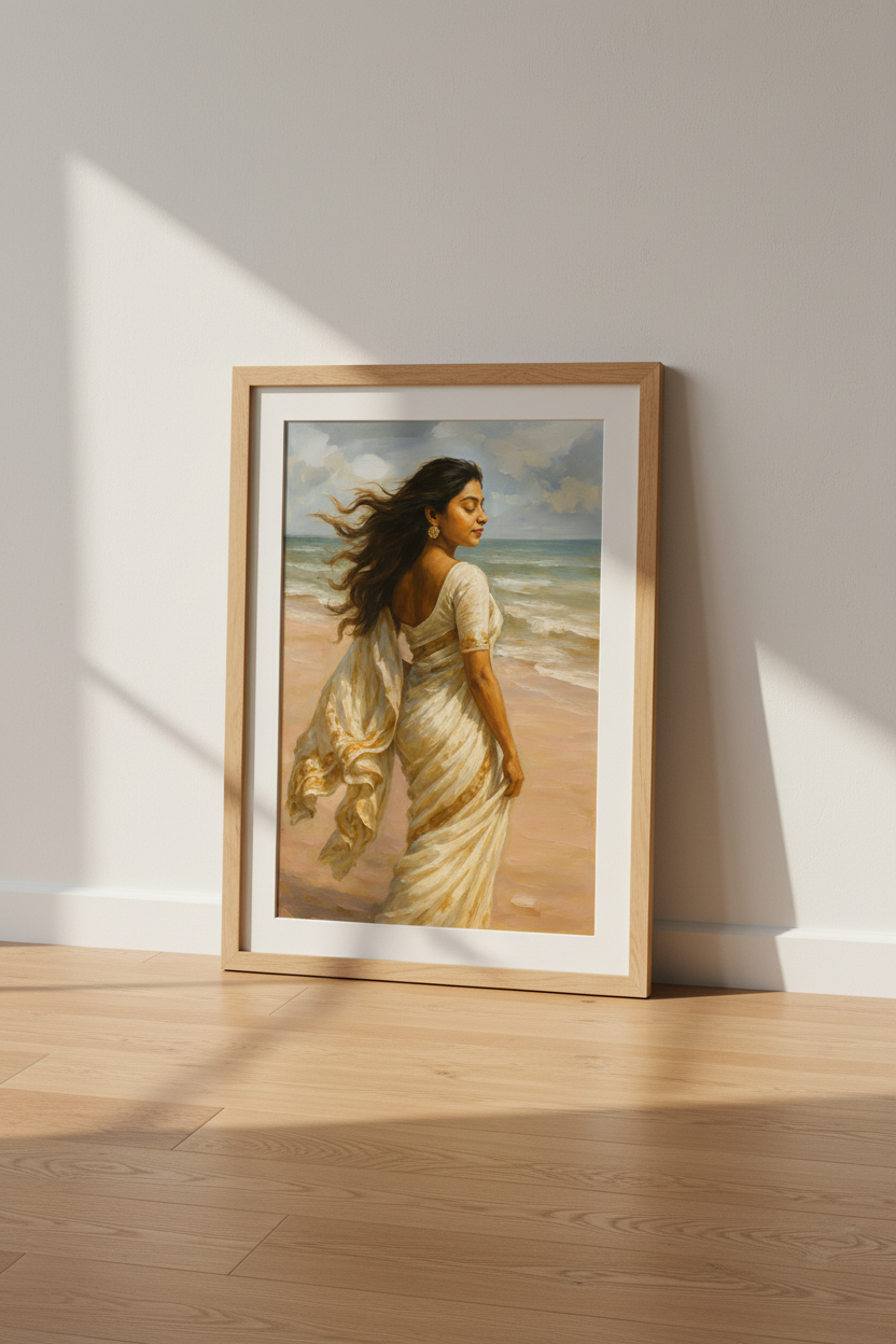 Oil Painting Woman Beach Wall Art | Serene Coastal Decor | South Asian Aesthetic Poster Print | Framed Unframed Digital