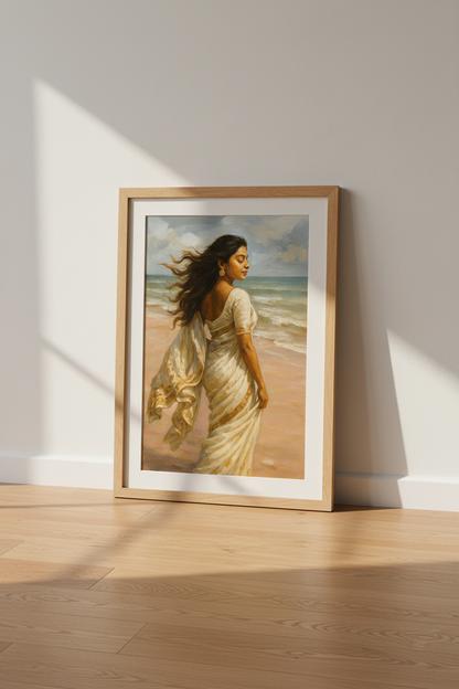 Oil Painting Woman Beach Wall Art | Serene Coastal Decor | South Asian Aesthetic Poster Print | Framed Unframed Digital