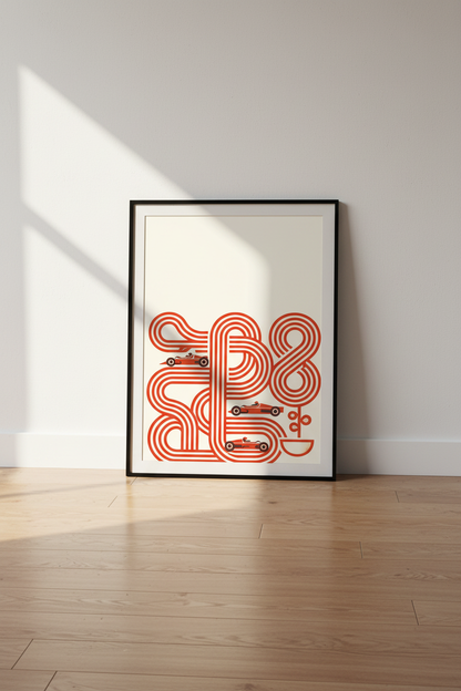 Retro Racing Car Wall Art, Abstract Race Track Poster Print, Mid-Century Modern Home Decor, Red &amp; Cream Art Print, Speed Enthusiast Gift