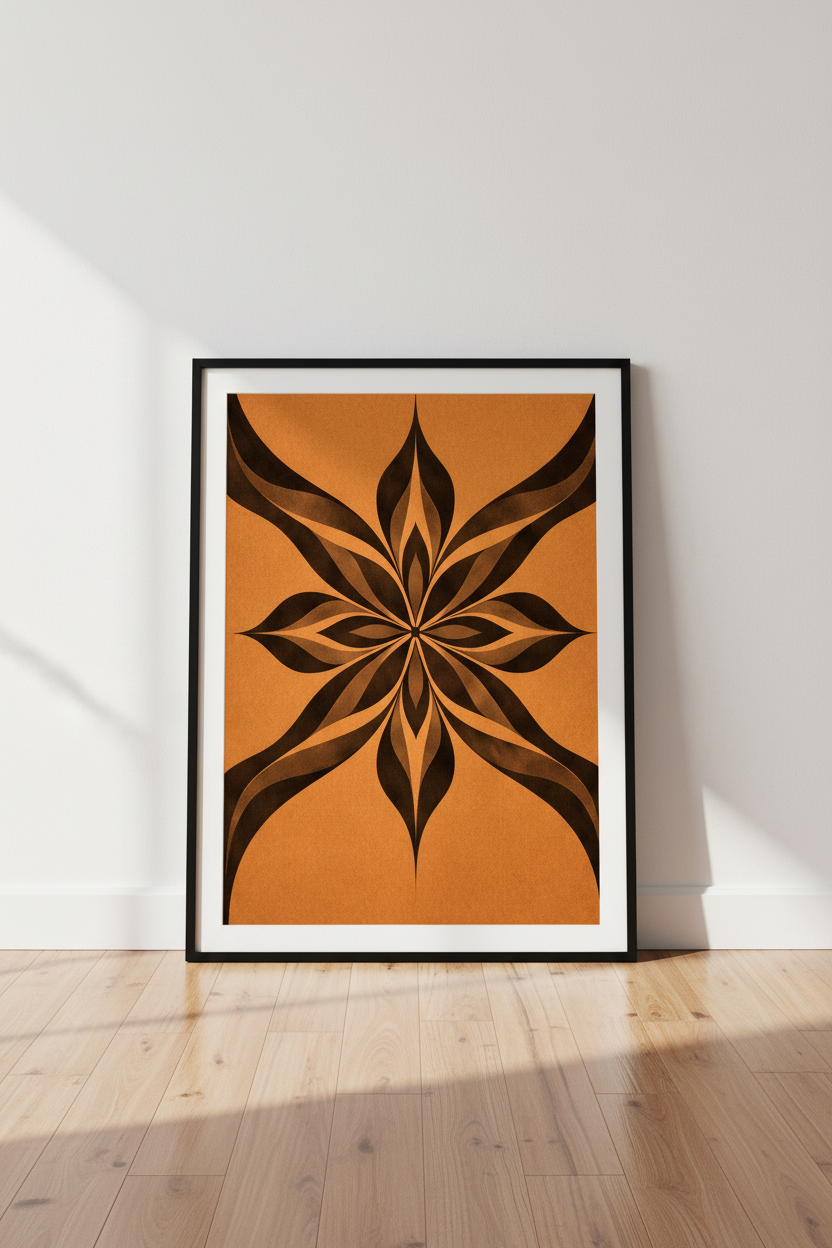 Abstract Floral Mandala Wall Art Print | Orange &amp; Brown Geometric Flower Poster | Modern Boho Home Decor Wall Hanging