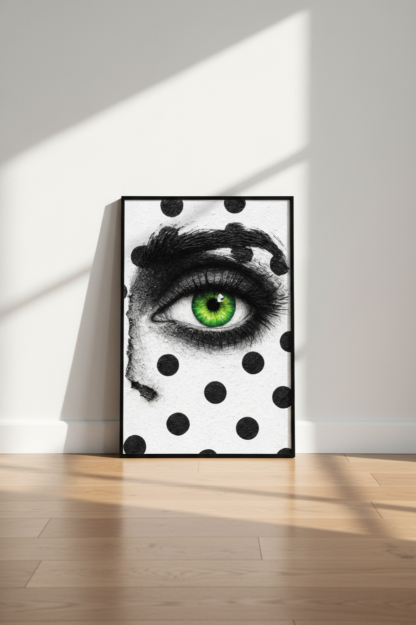 Vibrant Green Eye Polka Dot Wall Art Print | Bold Gaze Home Decor Poster | Abstract Woman&
