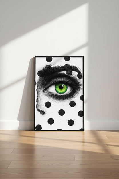 Vibrant Green Eye Polka Dot Wall Art Print | Bold Gaze Home Decor Poster | Abstract Woman&