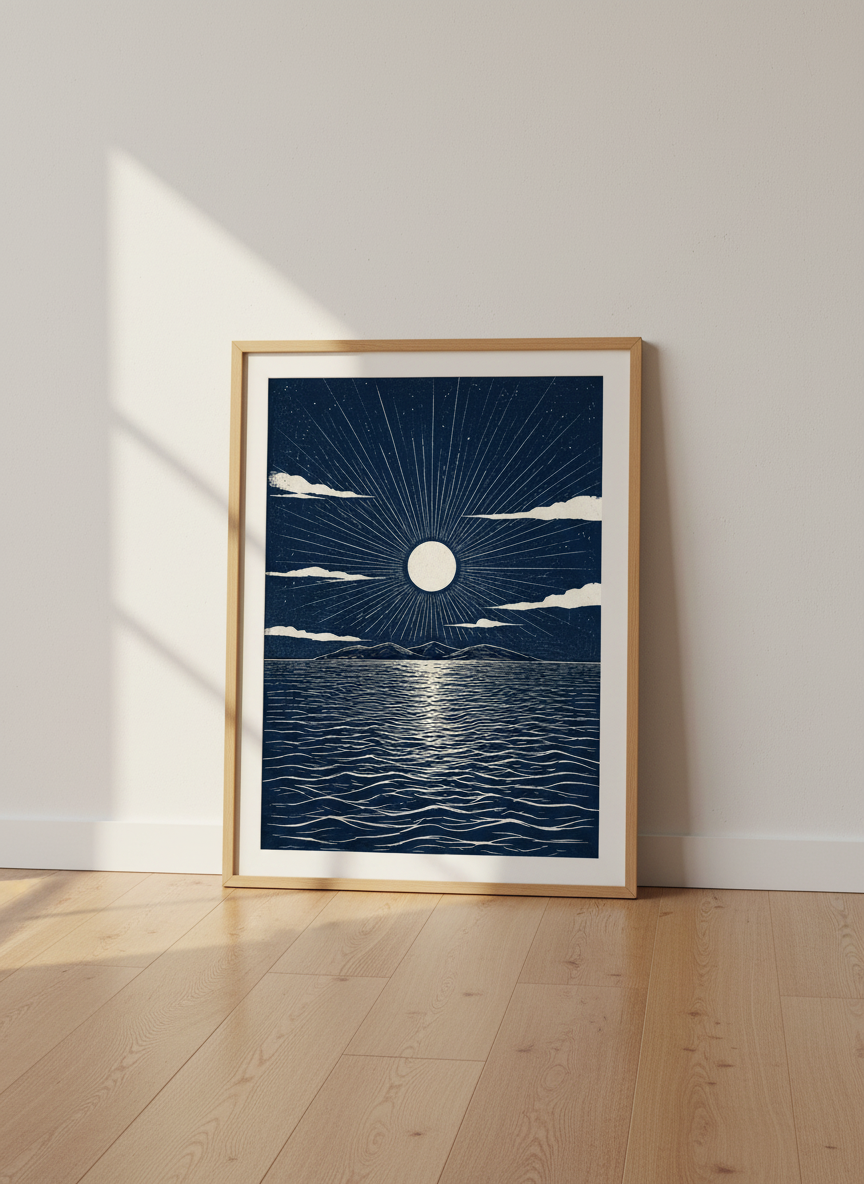 Moon Over Ocean Print | Nautical Woodcut Art, Japandi Coastal Decor, Blue Wall Art