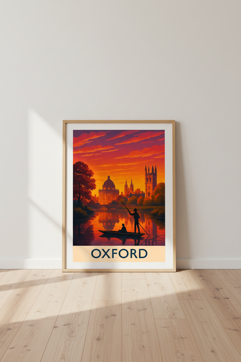 Oxford Punting Framed Art Print | UK Travel Poster | Moody Autumn Wall Art | Ready to Hang cityscape college decor