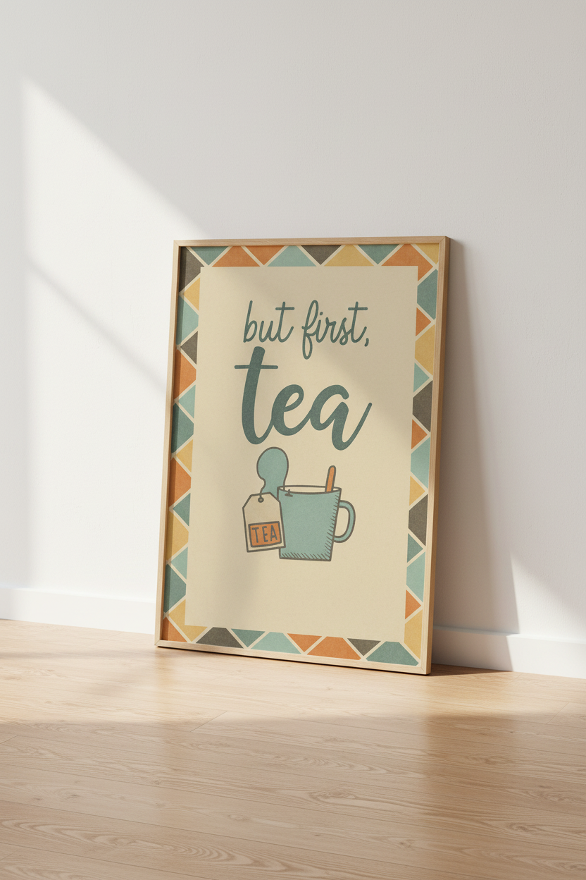 Retro Tea Quote Wall Art Print | Kitchen Decor | Cozy Aesthetic Poster | But First Tea Sign | Mid Century Modern Wall Art