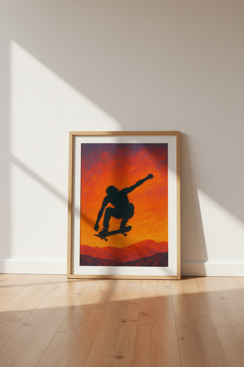 Abstract Skater Wall Art Print | Teen Room Decor | Sunset Aesthetic Framed Poster | Skateboarder Gift | Ready to Hang Art
