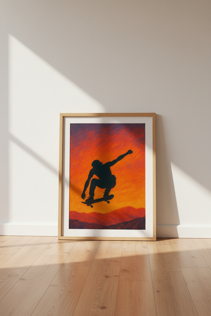 Abstract Skater Wall Art Print | Teen Room Decor | Sunset Aesthetic Framed Poster | Skateboarder Gift | Ready to Hang Art